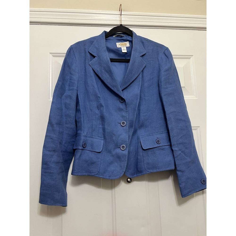 Talbots Petites Open Jacket Blazer Sz 2 Irish Linen Lined Cobalt Blue Casual